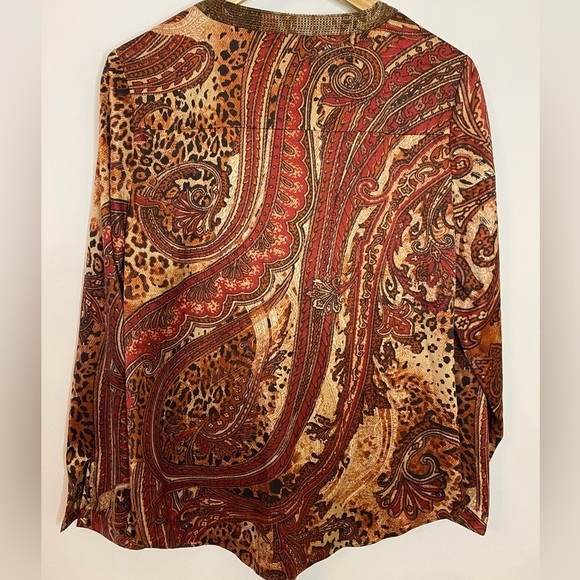 Chicos Fall Tone Paisley Sequin Collar Tie Front Satin Blouse - Picture 7 of 12